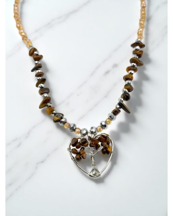 TIGER'S EYE AND HEART-SHAPED STONE TREE OF LIFE CRYSTAL NECKLACE