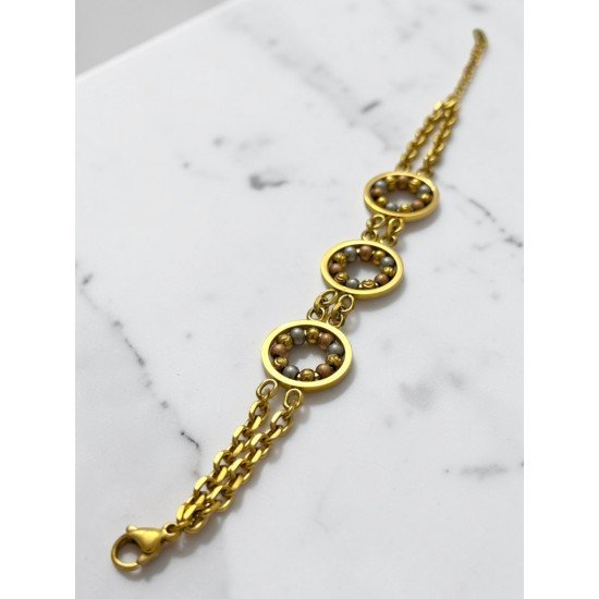 Steel Bracelet with Three Round Mixed-Color Beads and a Dorika Beaded Chain