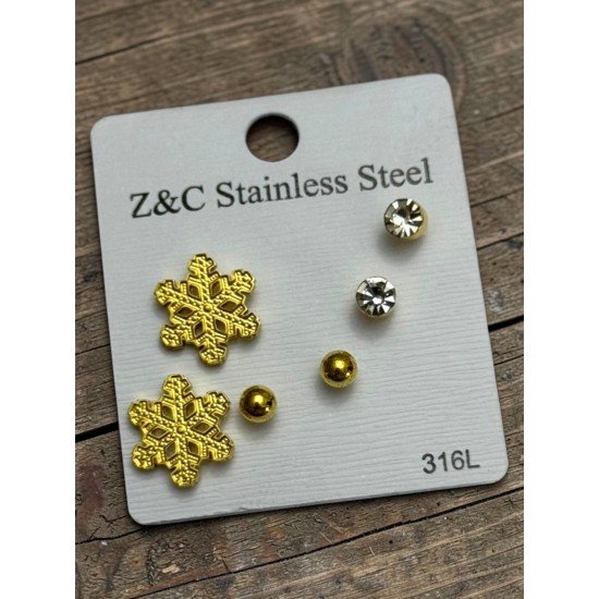 Steel Earrings with a Yellow Snowflake Pattern