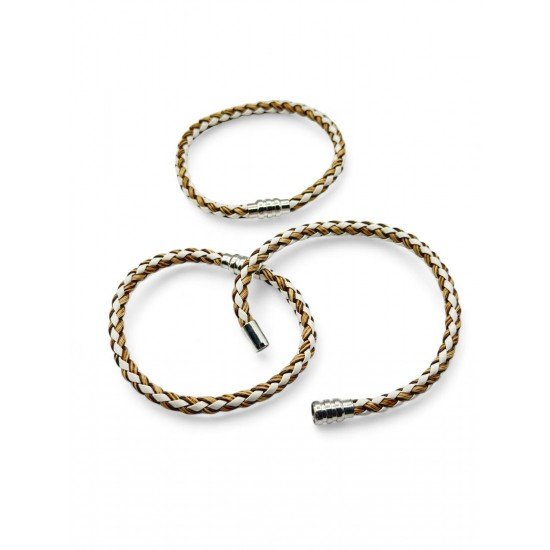 MAGNETIC KNITTED PATTERN MILK COFFEE-WHITE LEATHER BRACELET