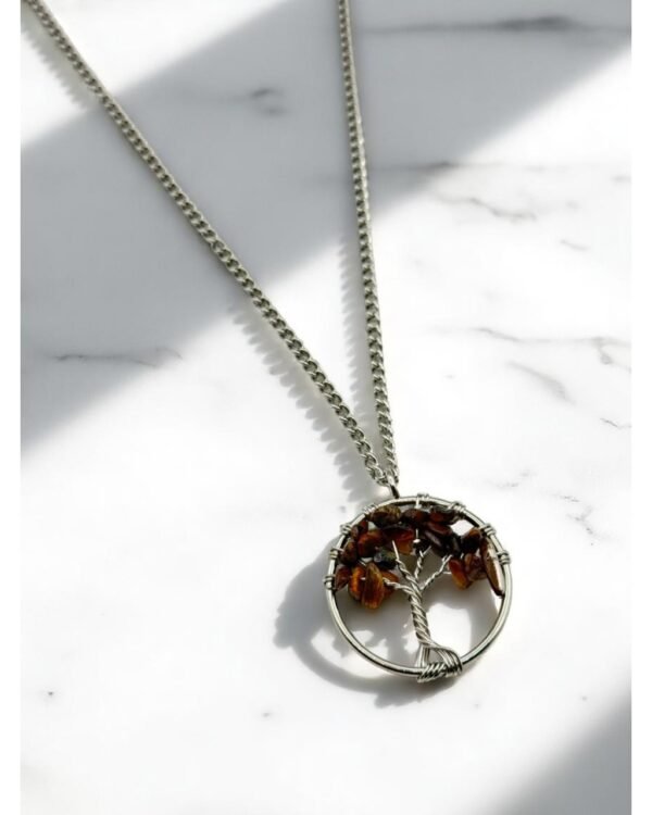 TIGER'S EYE STONE ROUND TREE OF LIFE STEEL NECKLACE