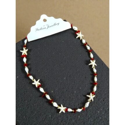 PAINTED RED MOTHER-OF-PEARL STAR-ADORNED SEA SHELL NECKLACE