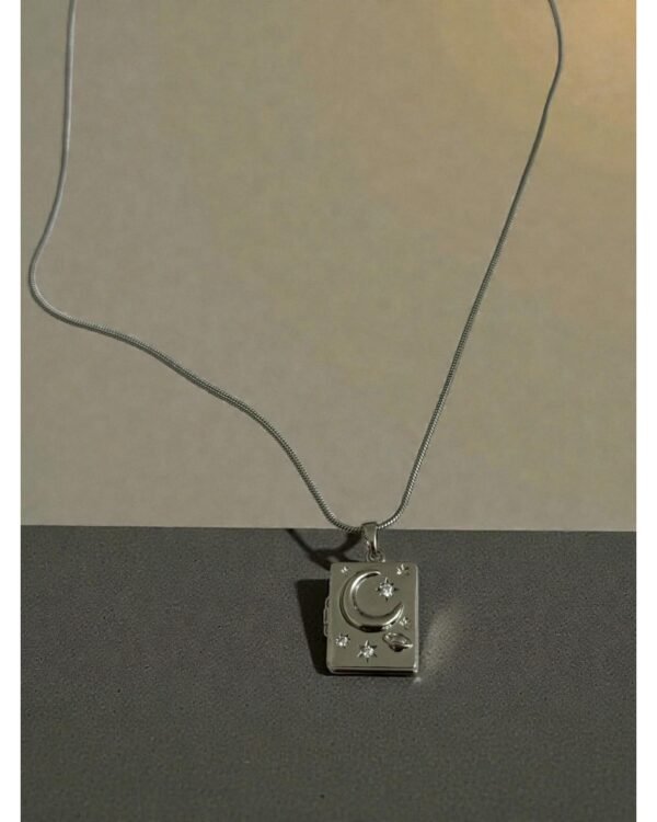 SILVER-COLORED SPACE-THEMED BOOK-SHAPED STEEL NECKLACE