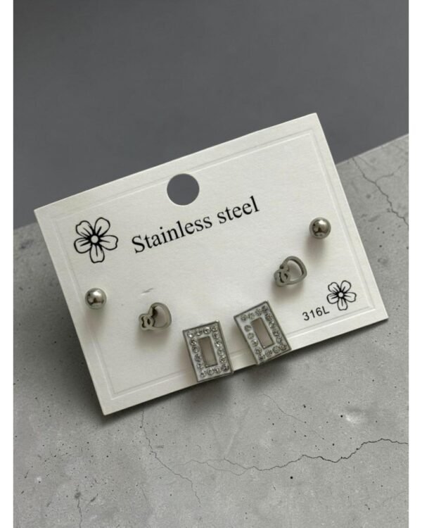 SILVER-COLORED, STONE-SET, RECTANGULAR-SHAPED SET OF THREE STEEL EARRINGS