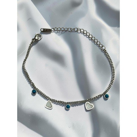 Silver-Colored Steel Bracelet with a Heart-Shaped Stone and Turquoise