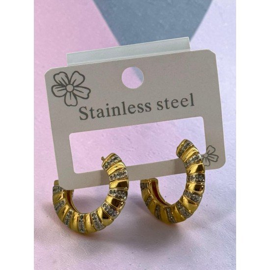 STONE-SET GOLD-COLORED HOOP-STYLE STEEL EARRINGS