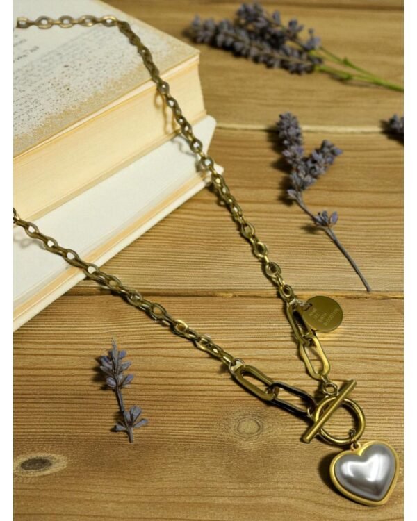 GOLD-COLORED PEARL HEART-SHAPED STEEL NECKLACE