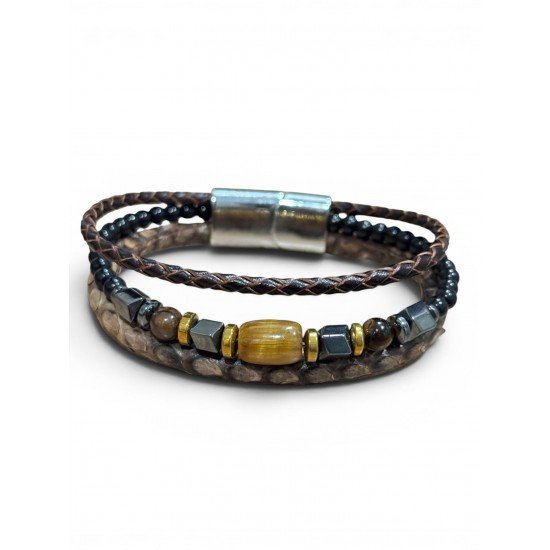 THREE-STRANDED TIGER'S EYE AND HEMATITE SNEAK SKIN BRACELET
