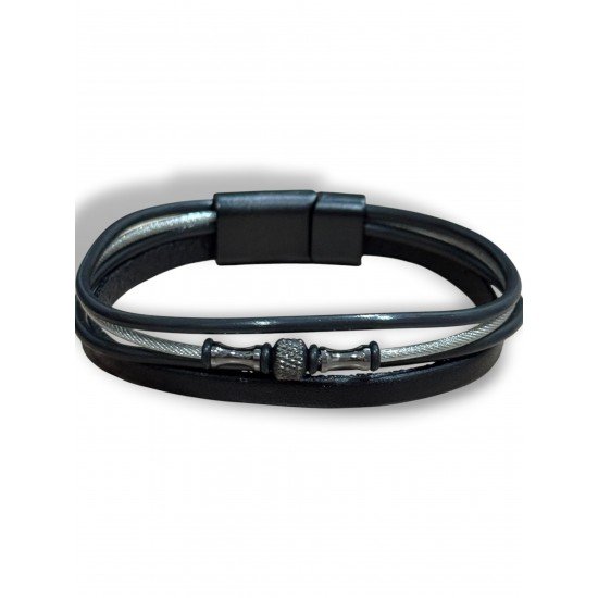 TRIPLE-LAYER STEEL AND LEATHER BRACELET