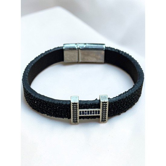 VATOS LEATHER BLACK BRACELET WITH ZIRCON STONES